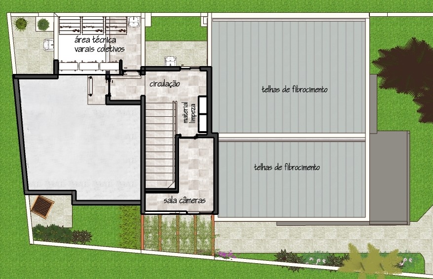 Planta do pavimento superior do 3V Residencial, mostrando área técnica, varais coletivos, circulação, sala de câmeras e coberturas