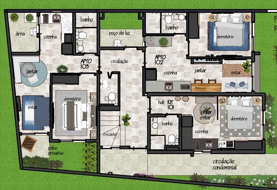 Planta baixa humanizada do pavimento térreo do 3V Residencial, com apartamentos, circulação condominial e pátio privativo